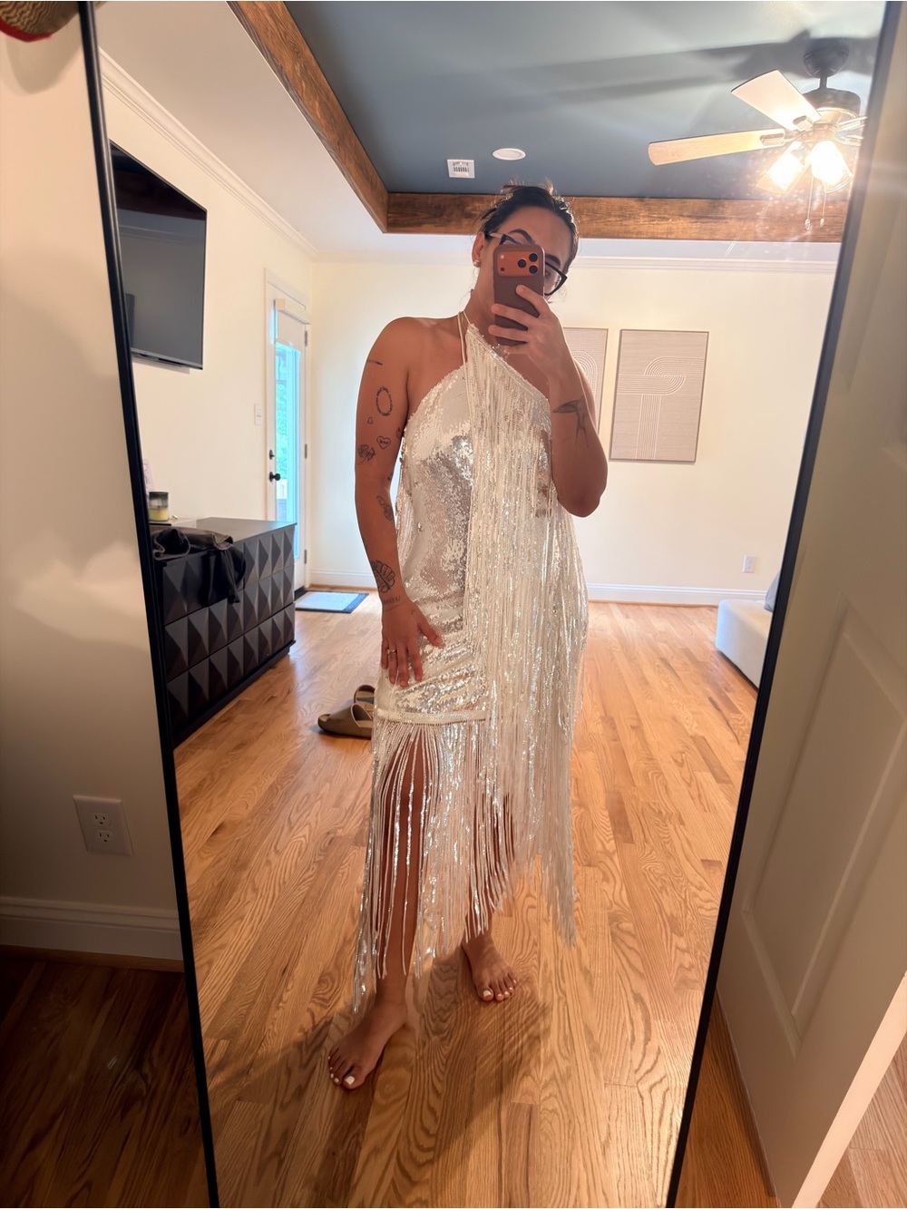 Silver Sequin Fringe Halter Wedding Dress